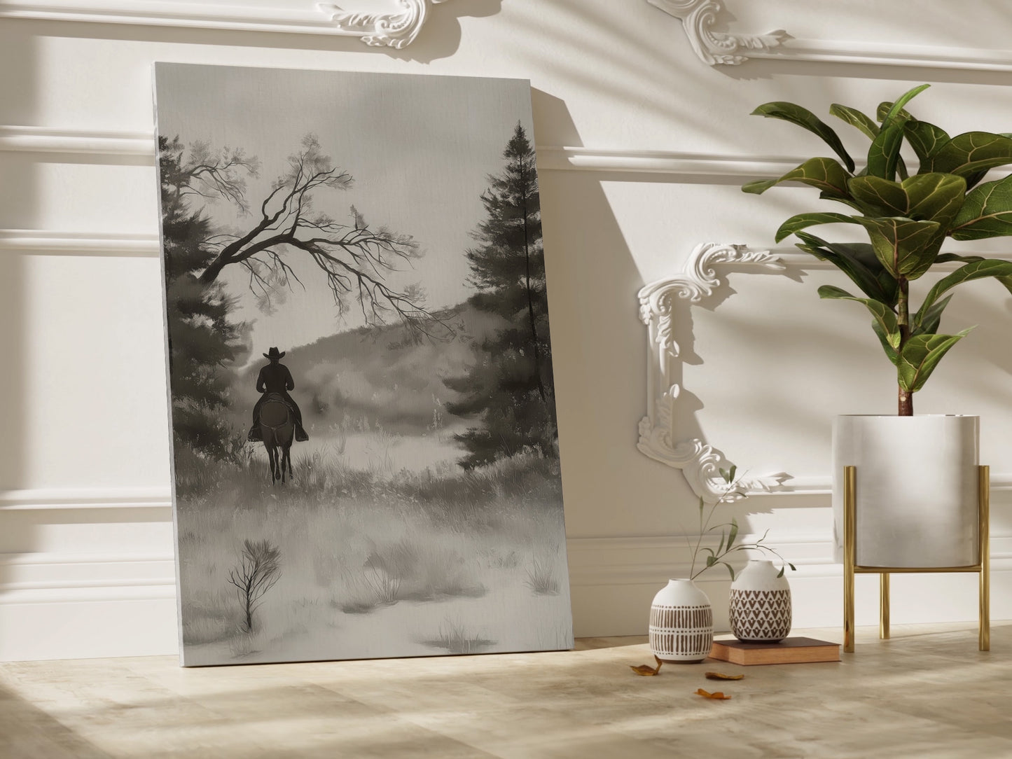 Monochrome Cowboy Landscape Vertical Canvas Art Print