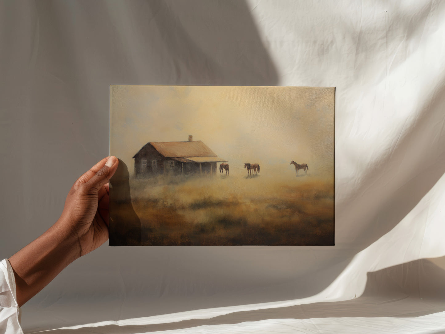 Ethereal Farmhouse & Horse Landscape Canvas Print