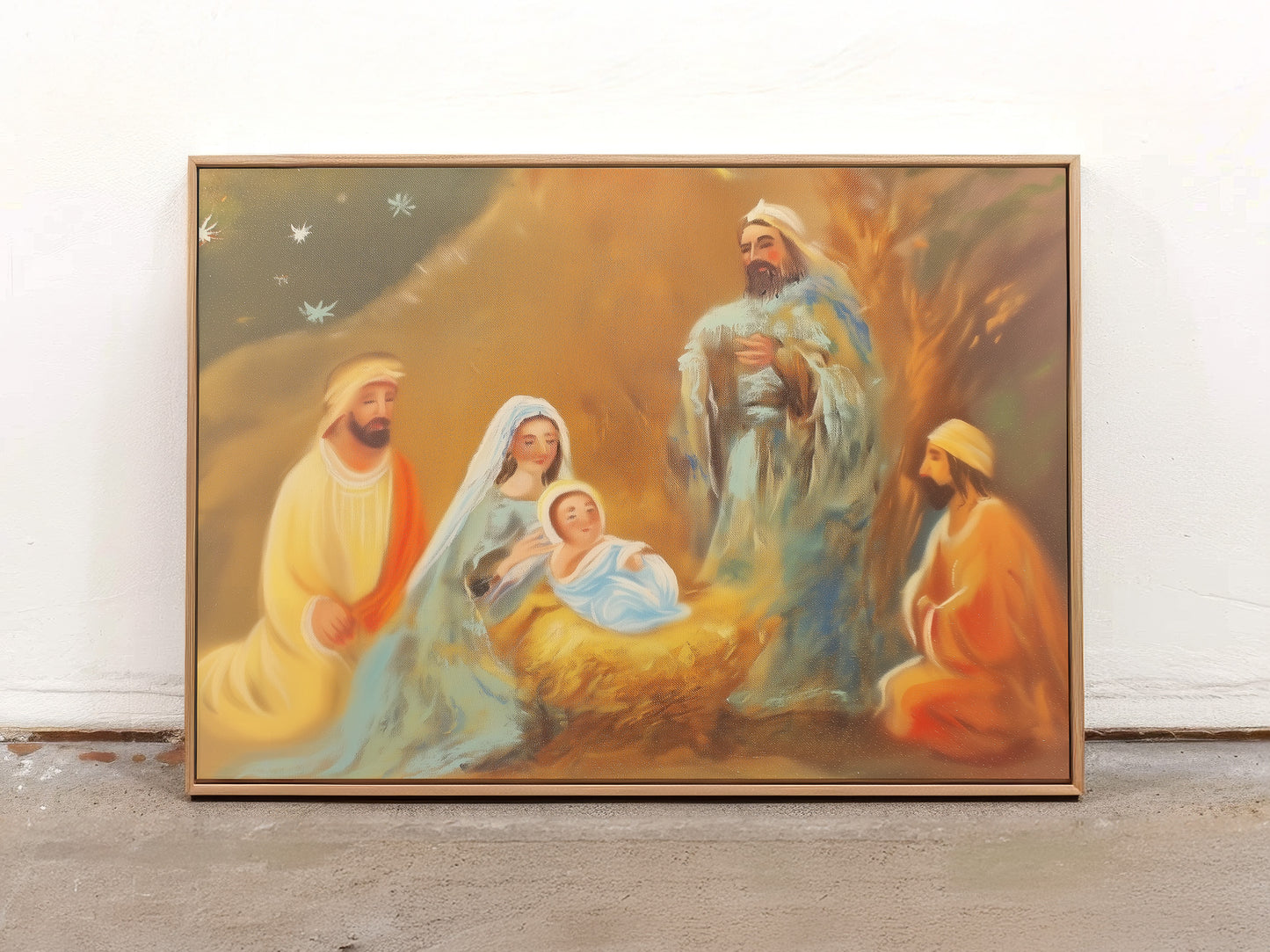 Nativity Scene Canvas Print Holy Family Warm Golden Tones Vertical