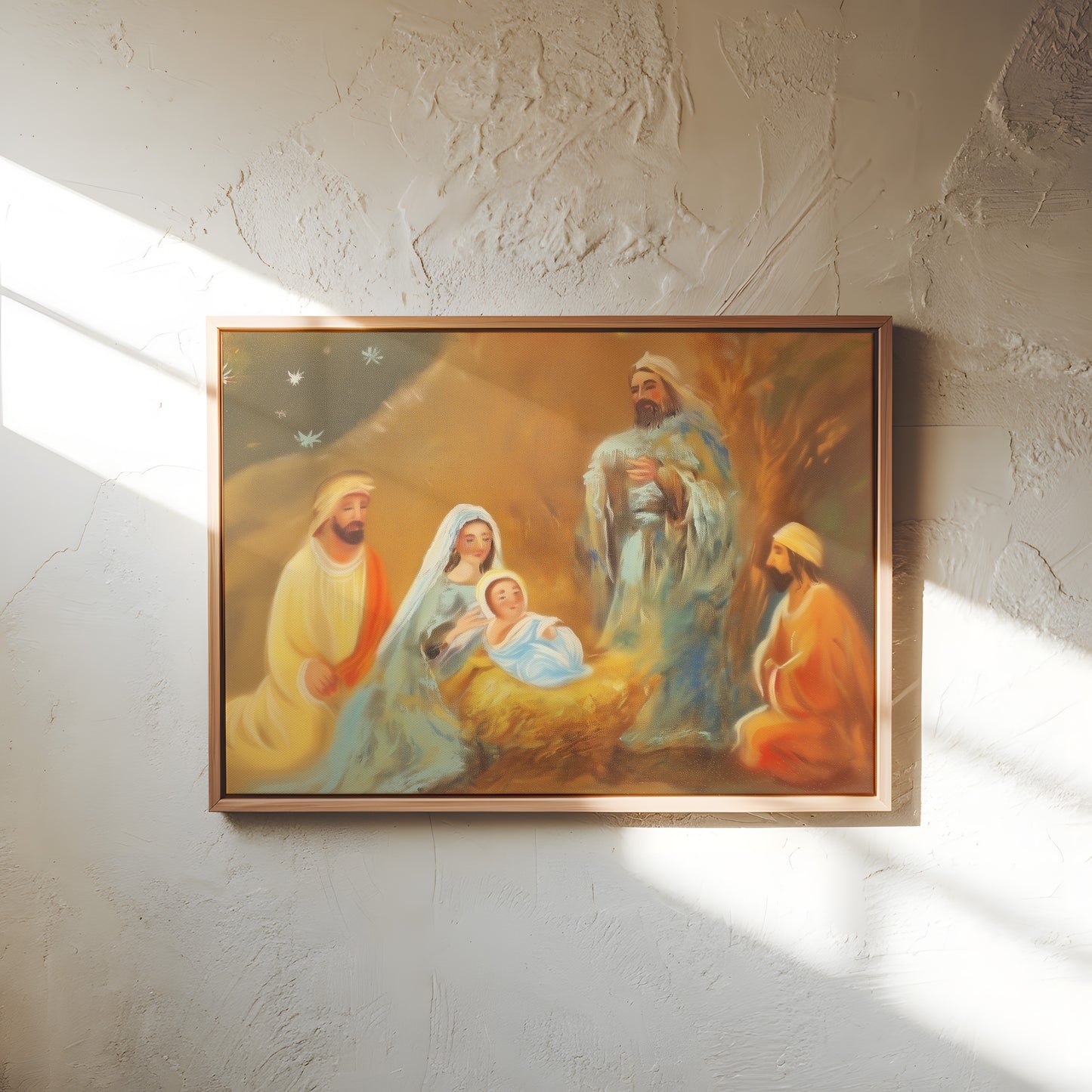 Nativity Scene Canvas Print Holy Family Warm Golden Tones Vertical