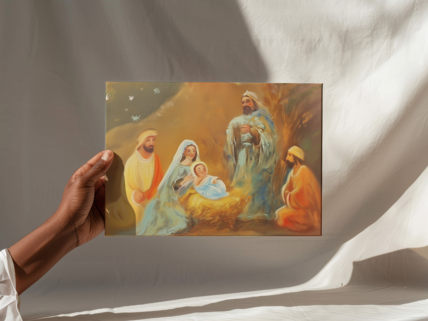 Nativity Scene Canvas Print Holy Family Warm Golden Tones Vertical