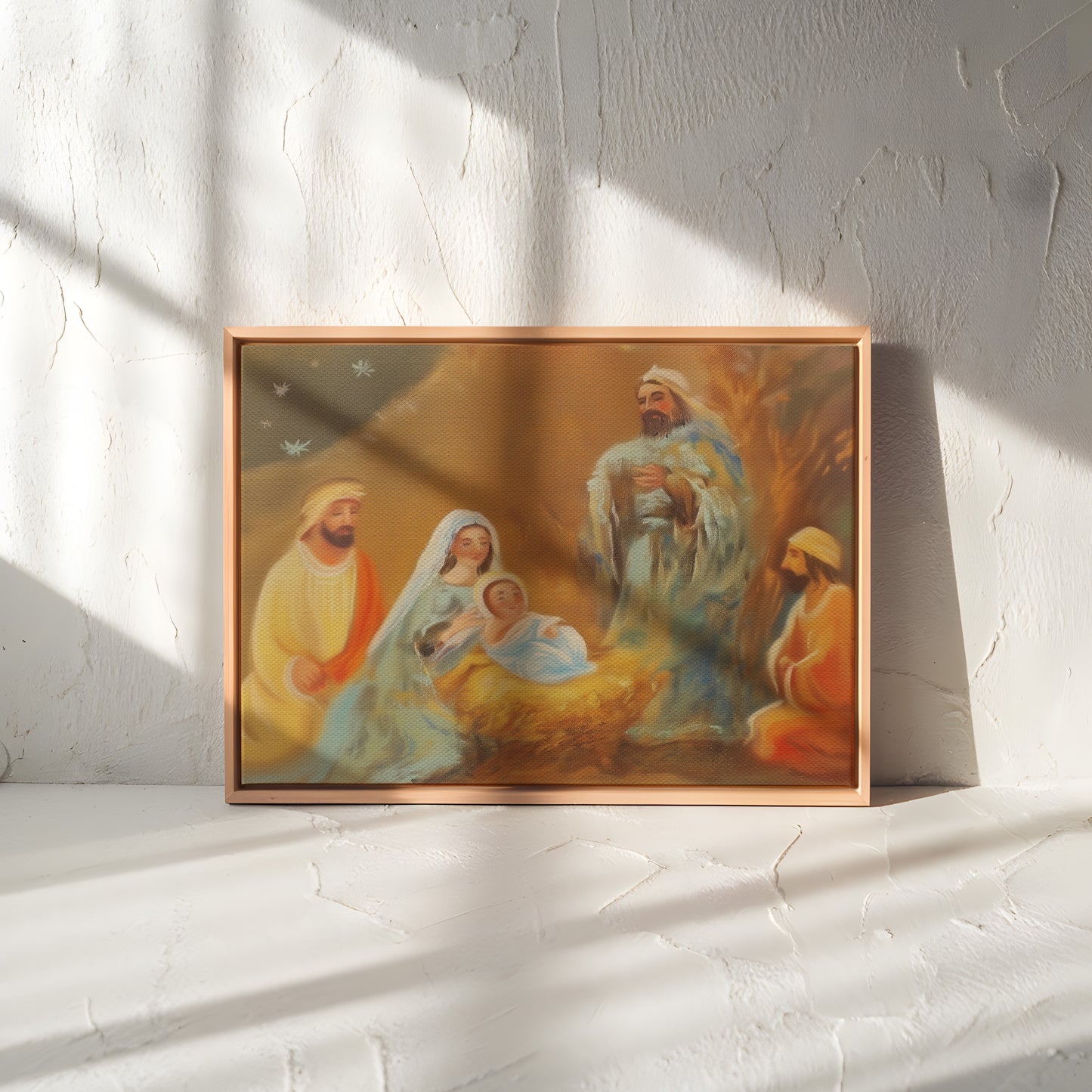 Nativity Scene Canvas Print Holy Family Warm Golden Tones Vertical
