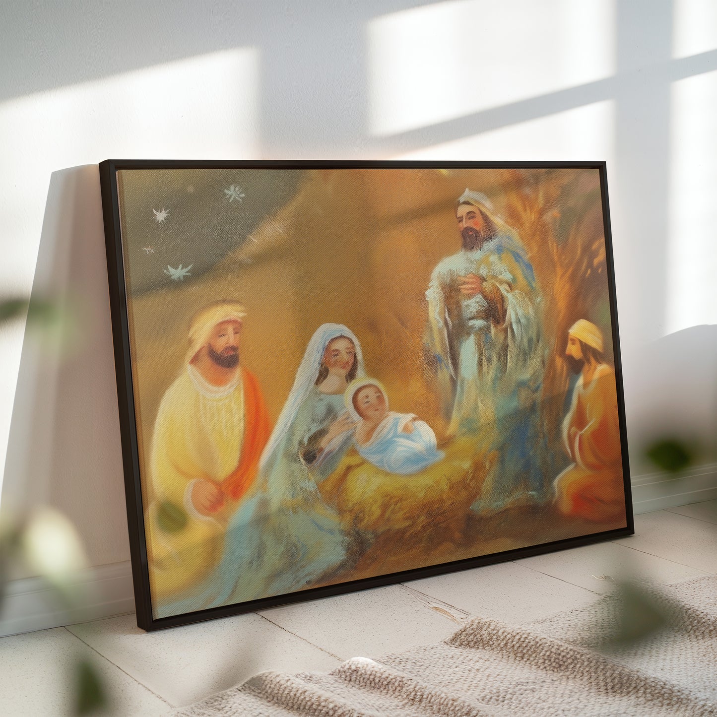 Nativity Scene Canvas Print Holy Family Warm Golden Tones Vertical