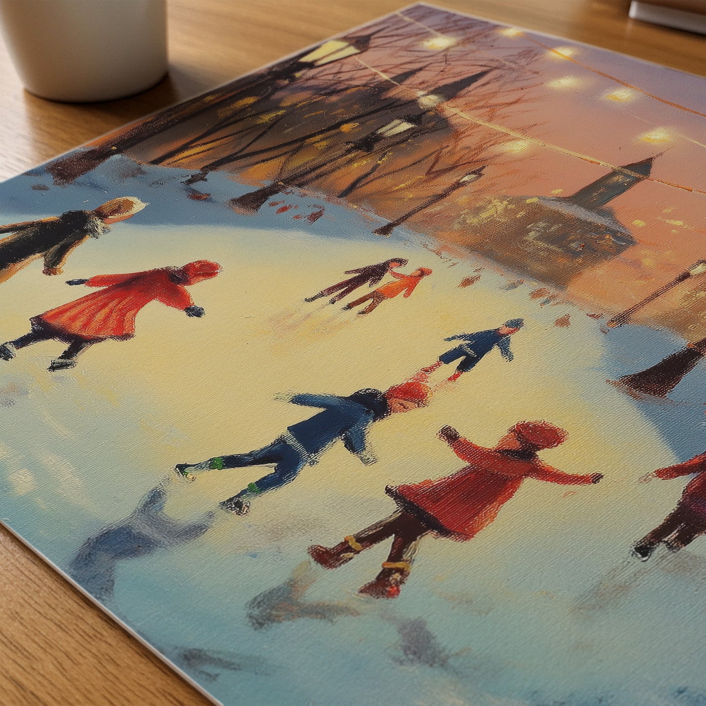 Winter Ice Skating Canvas Print: Vintage Christmas Scene Orange Twilight