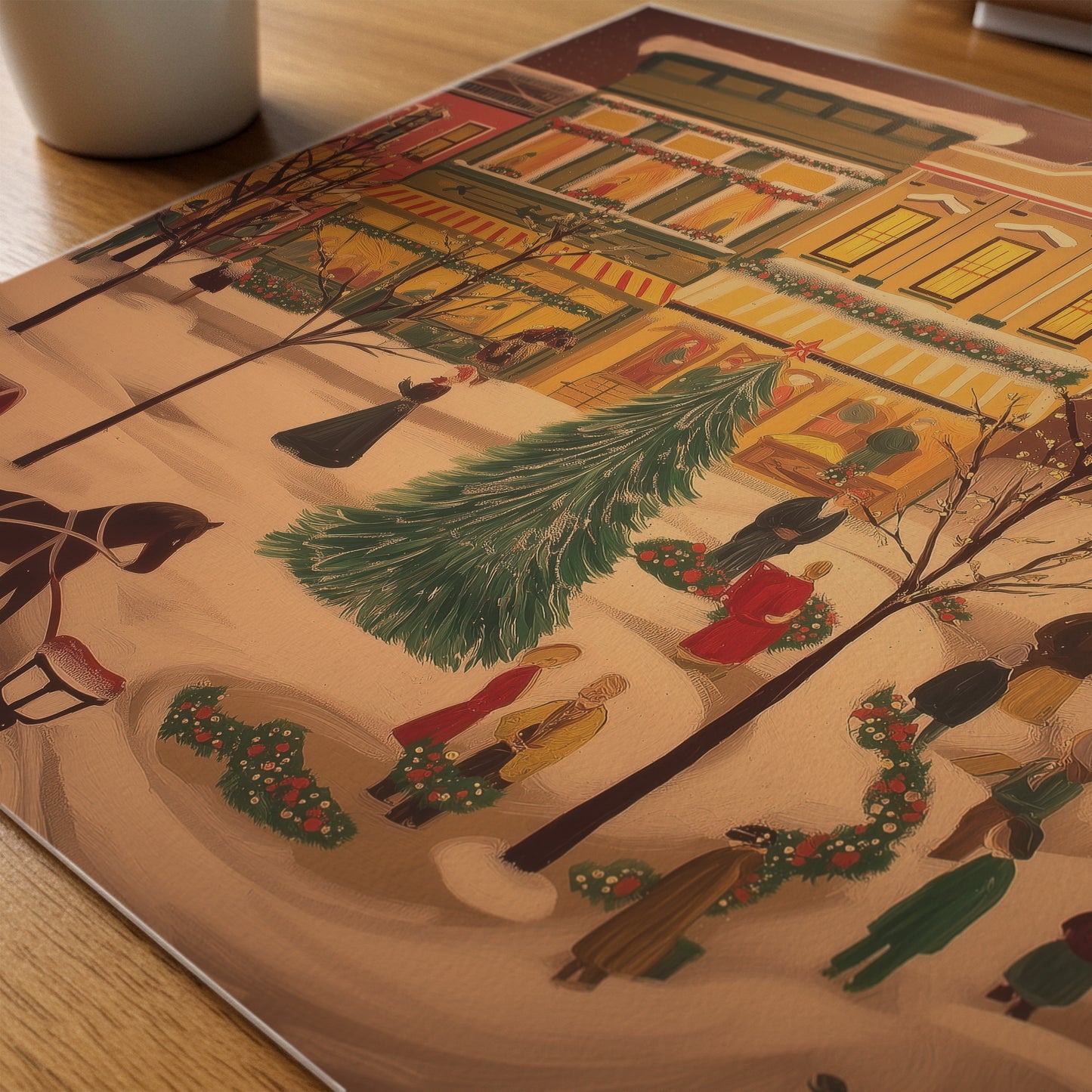 Winter Village Scene Canvas Print: Folk Art Christmas Town Painting