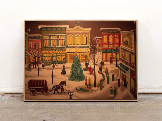 Winter Village Scene Canvas Print: Folk Art Christmas Town Painting