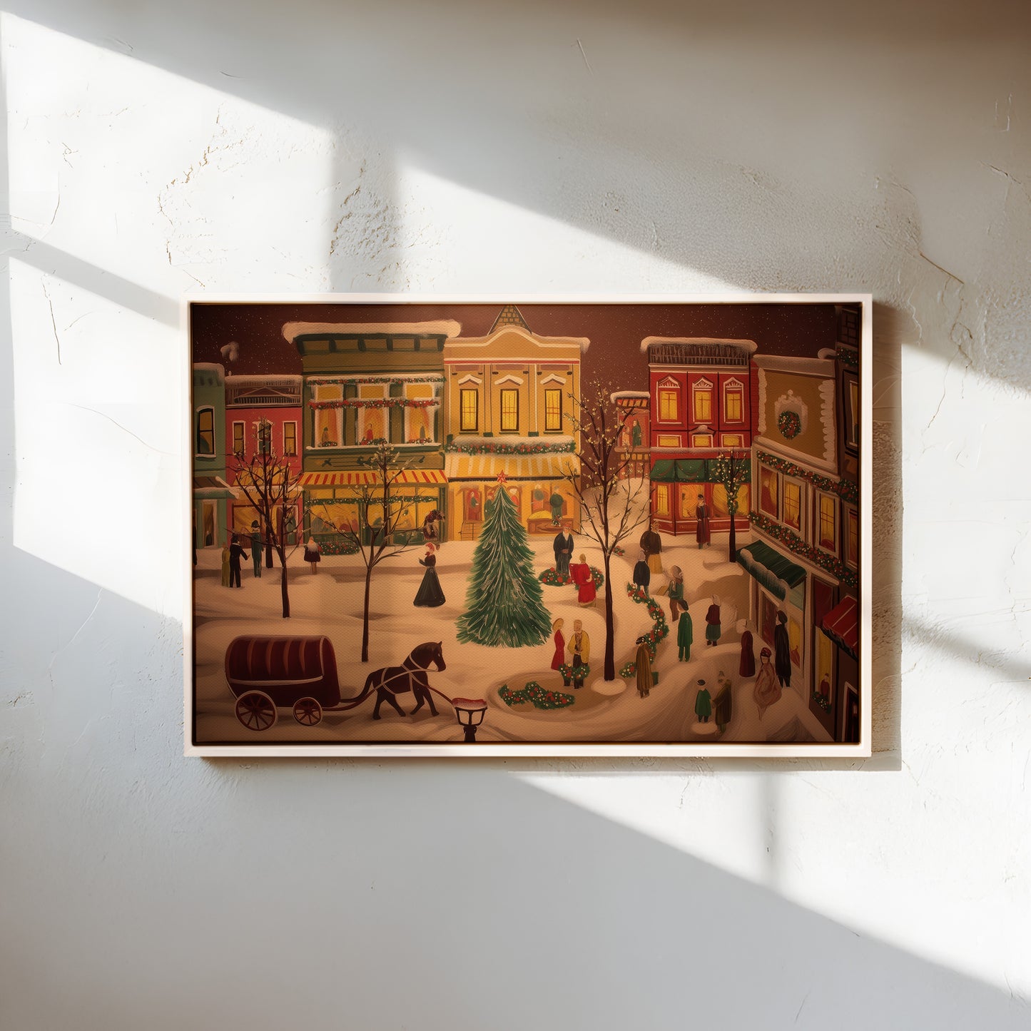 Winter Village Scene Canvas Print: Folk Art Christmas Town Painting