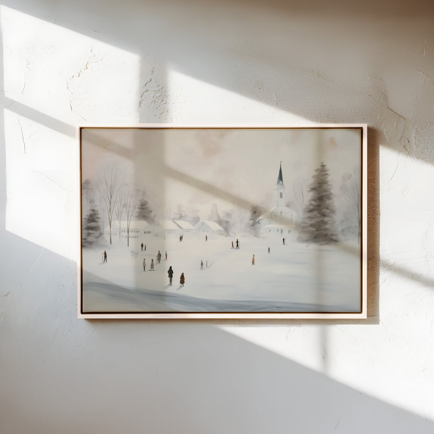 Winter Village Canvas Print: White Church Snow Scene Wall Art