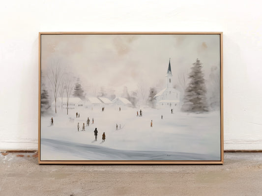 Winter Village Canvas Print: White Church Snow Scene Wall Art