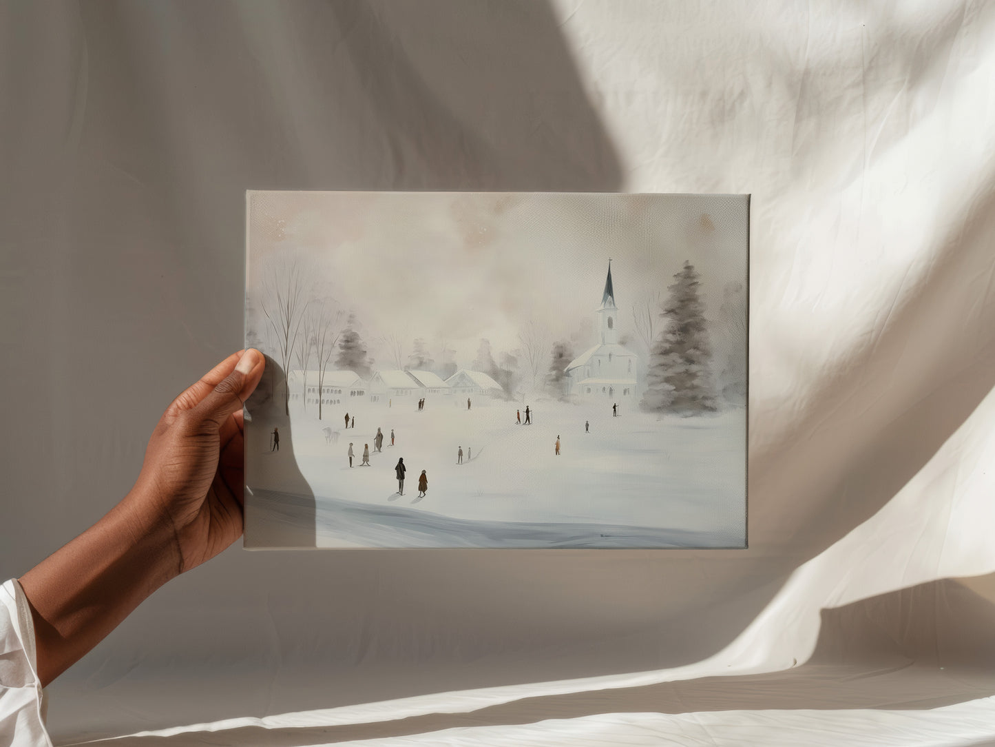 Winter Village Canvas Print: White Church Snow Scene Wall Art
