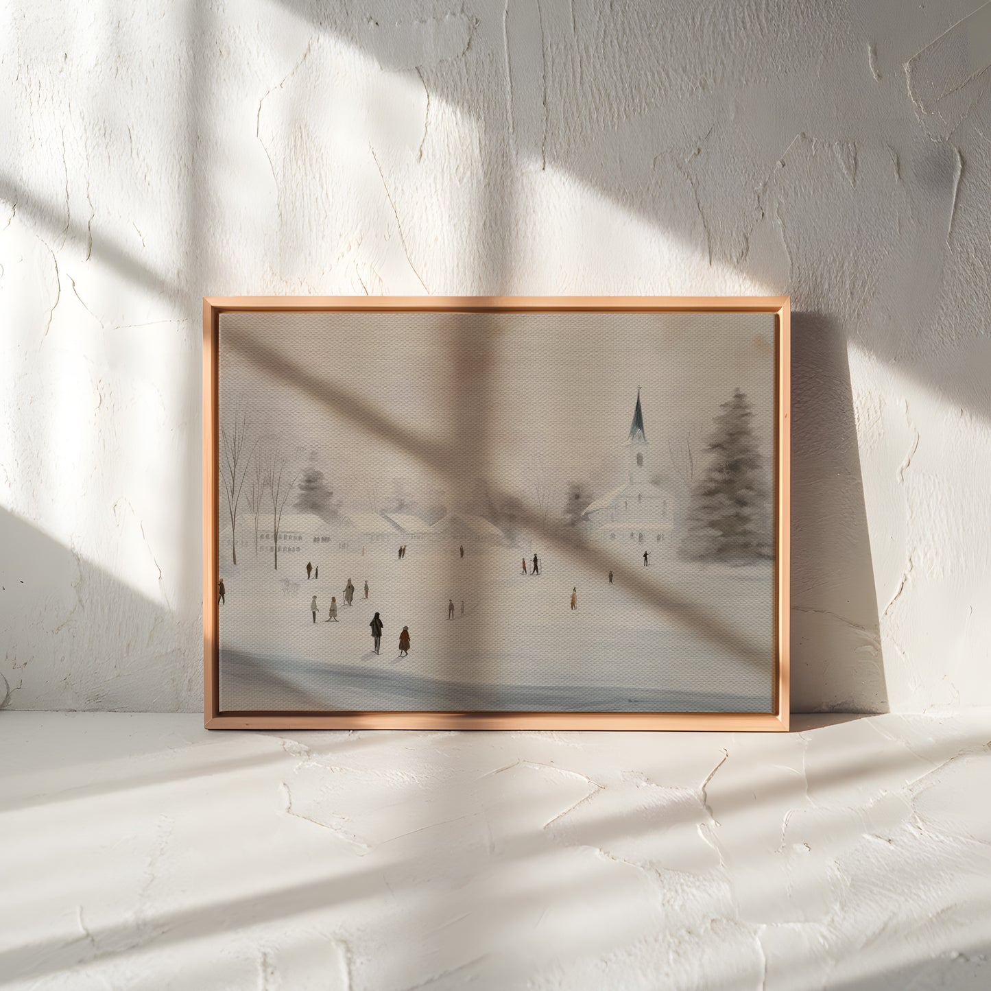 Winter Village Canvas Print: White Church Snow Scene Wall Art