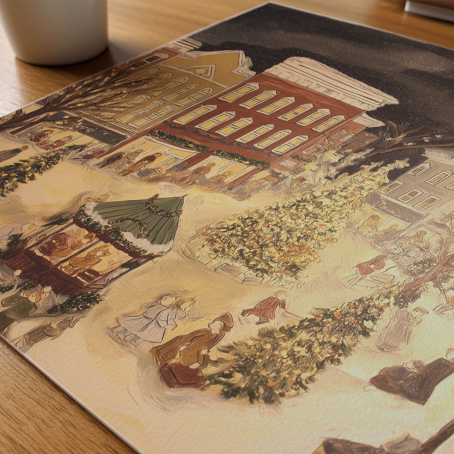 Vintage Christmas Town Square Canvas Print: Nostalgic Winter Scene Wall Art