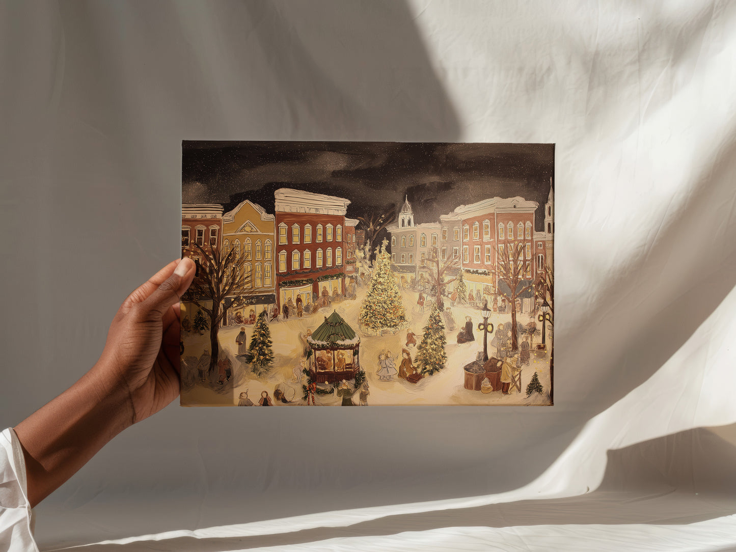 Vintage Christmas Town Square Canvas Print: Nostalgic Winter Scene Wall Art