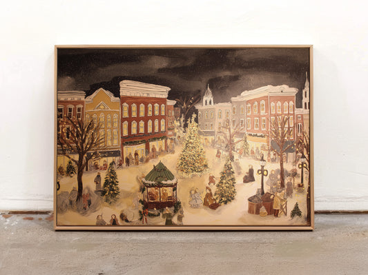 Vintage Christmas Town Square Canvas Print: Nostalgic Winter Scene Wall Art