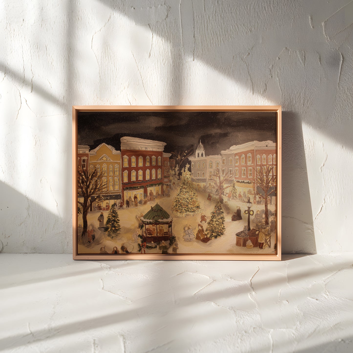 Vintage Christmas Town Square Canvas Print: Nostalgic Winter Scene Wall Art
