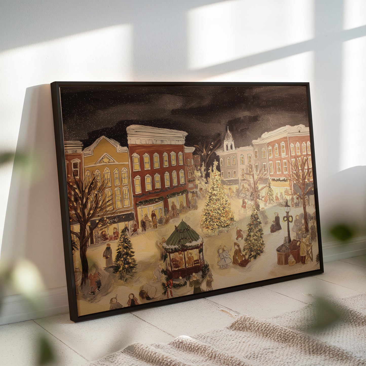 Vintage Christmas Town Square Canvas Print: Nostalgic Winter Scene Wall Art