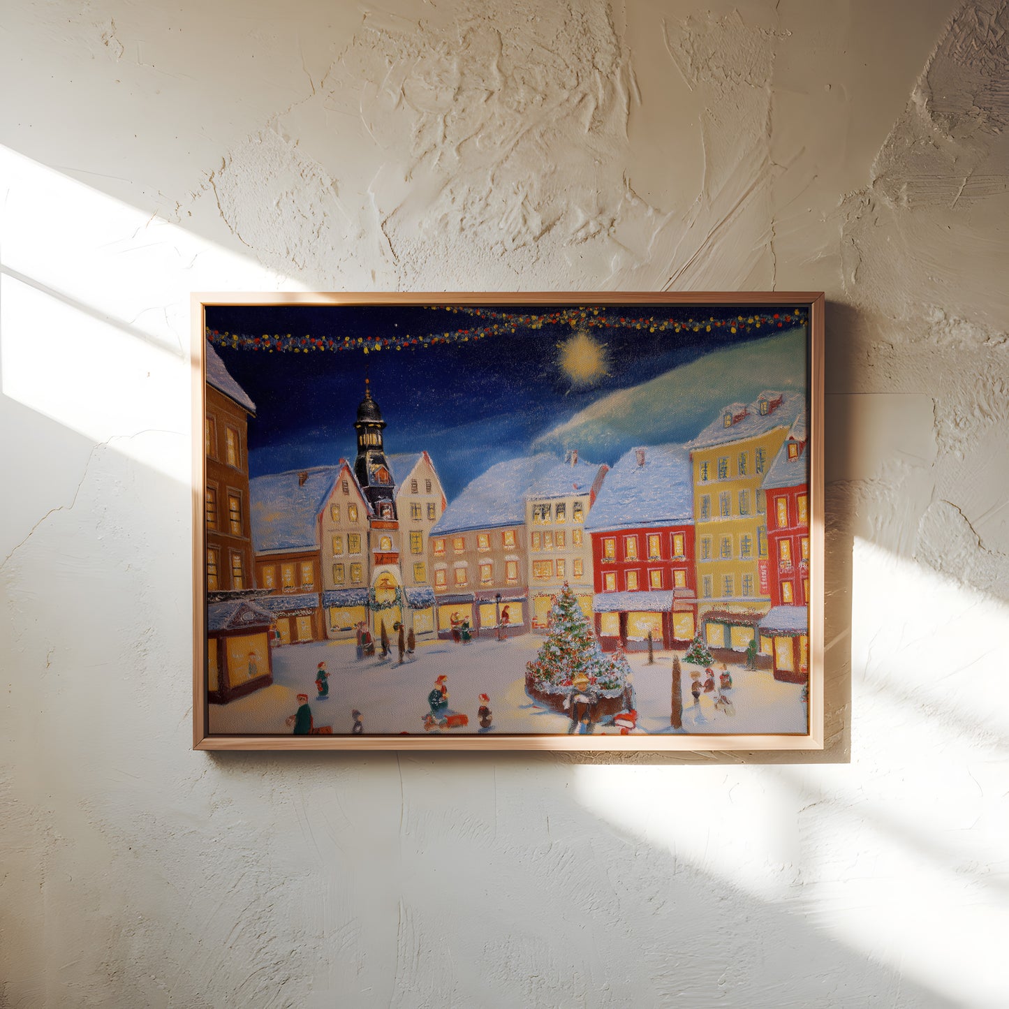 Christmas Village Canvas Print: Snow-Covered European Town Square