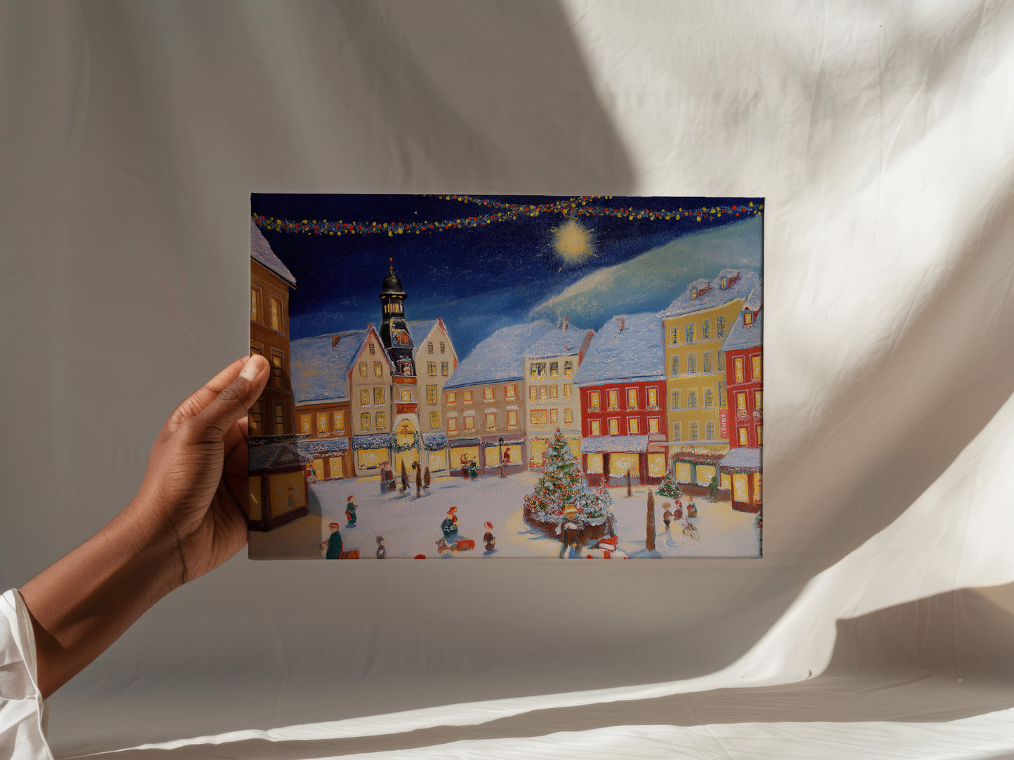 Christmas Village Canvas Print: Snow-Covered European Town Square