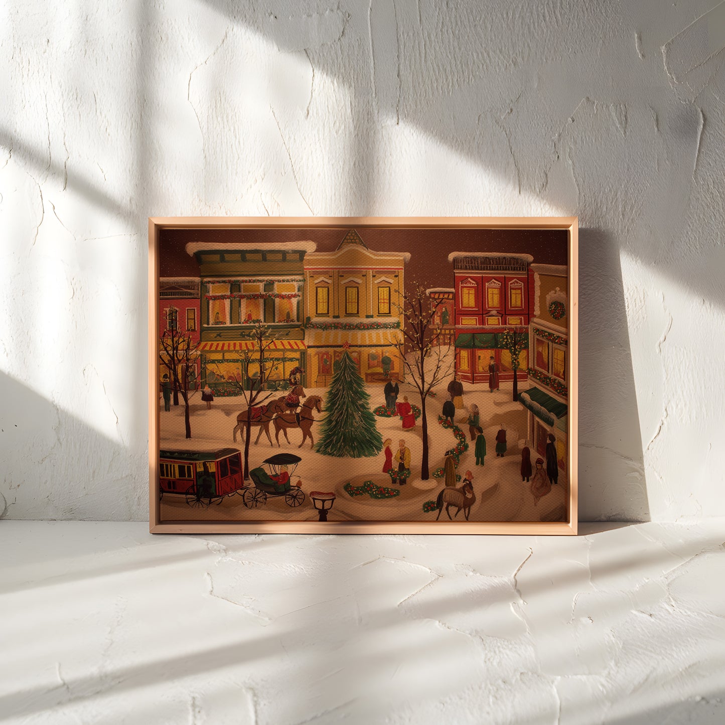 Western Town Christmas Canvas Print: Folk Art Victorian Street Scene