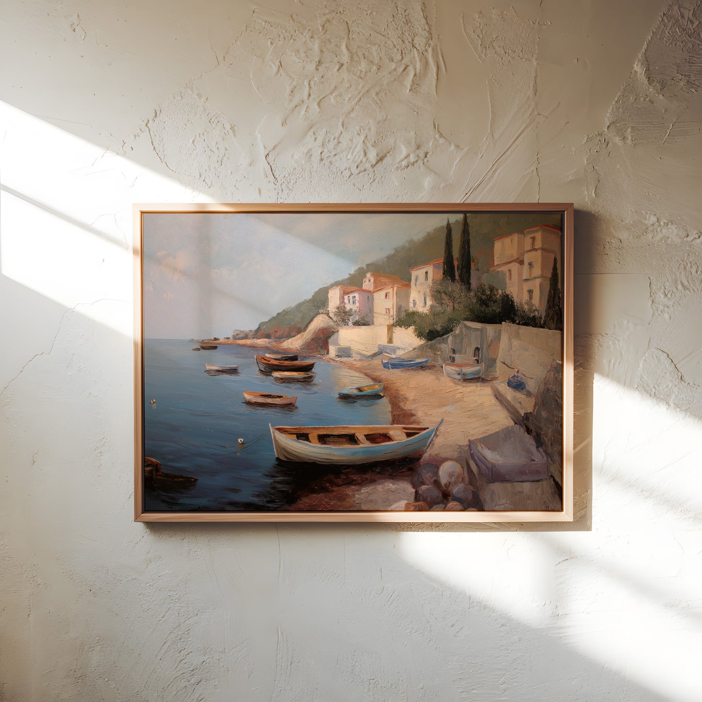 Mediterranean Coastal Boat Scene Horizontal Canvas