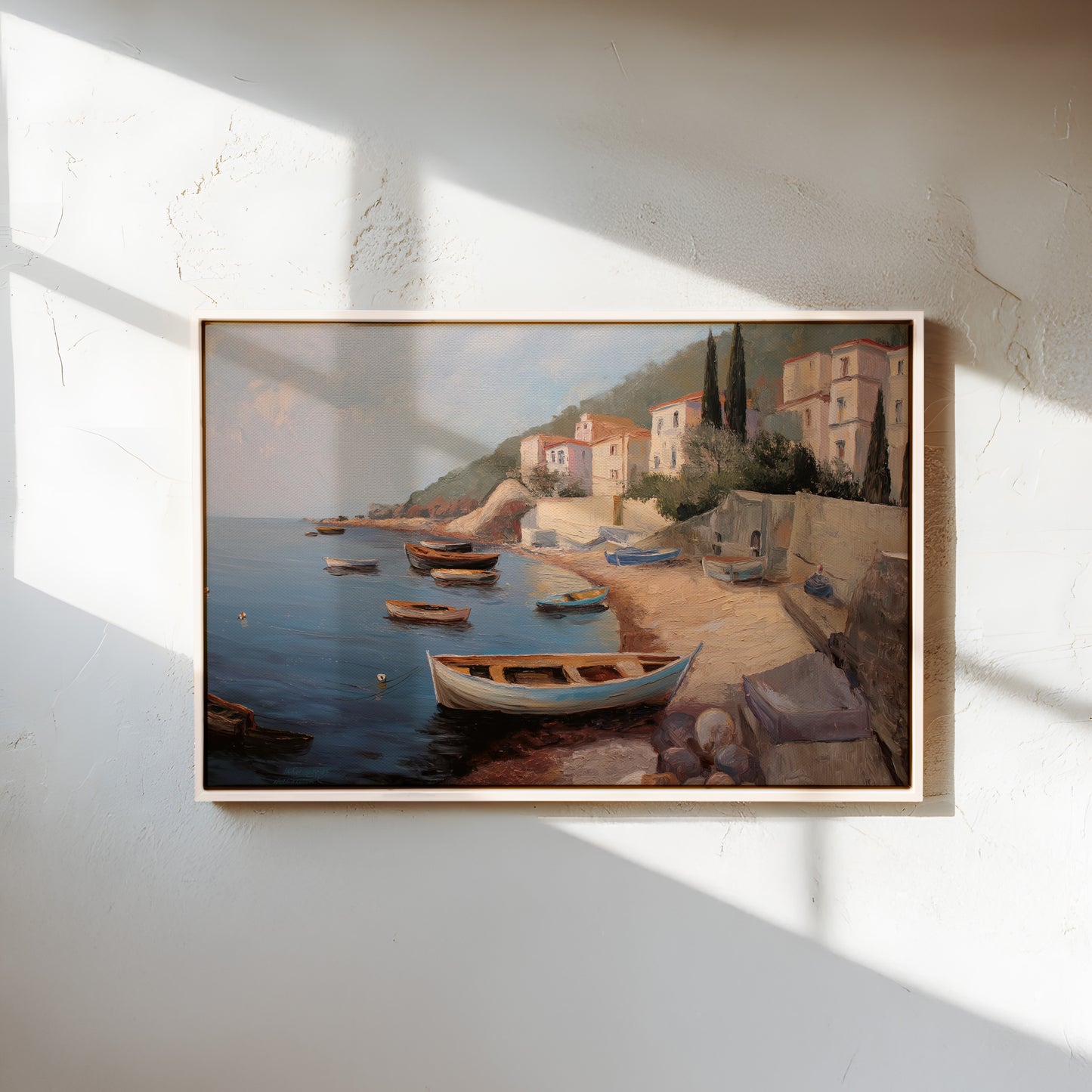 Mediterranean Coastal Boat Scene Horizontal Canvas