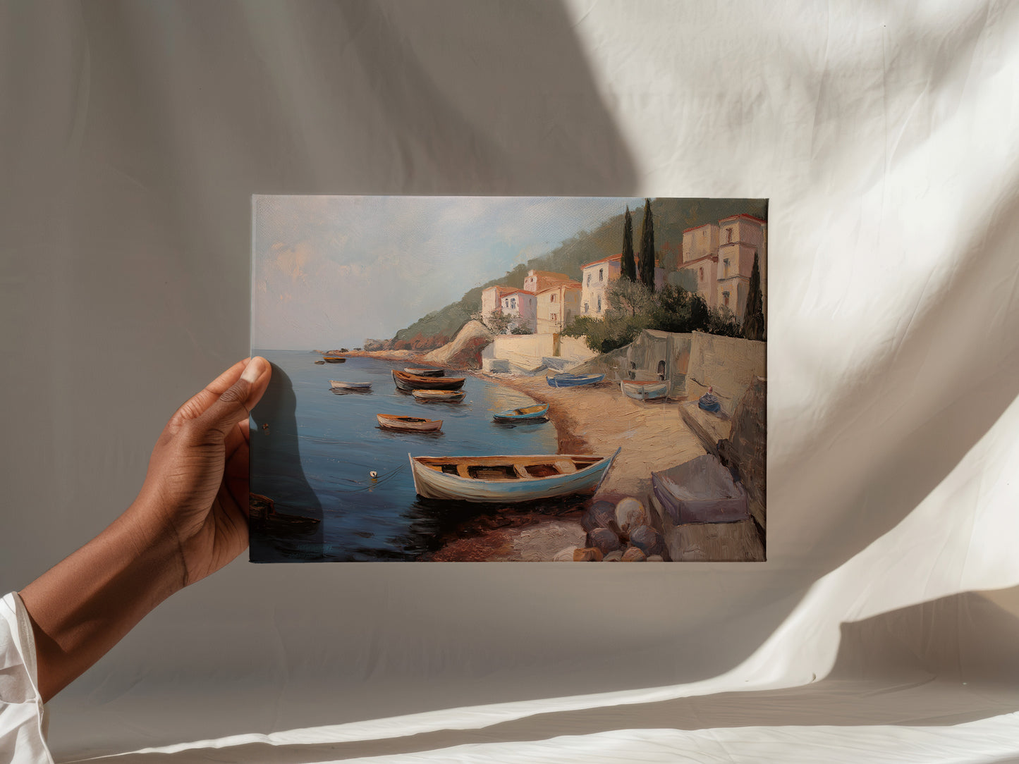 Mediterranean Coastal Boat Scene Horizontal Canvas