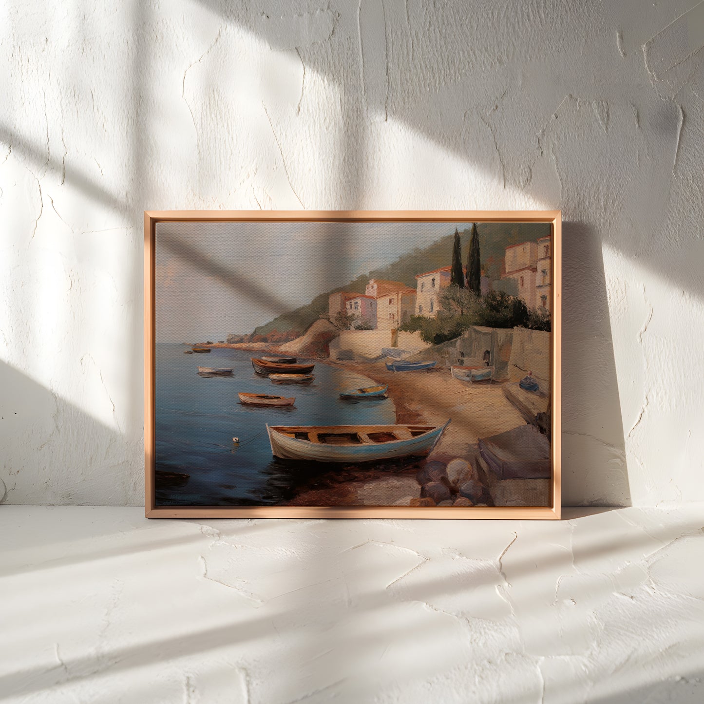 Mediterranean Coastal Boat Scene Horizontal Canvas