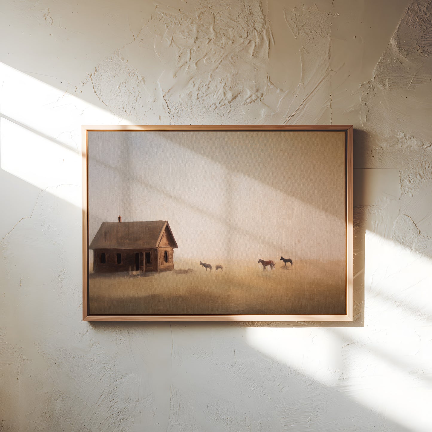 Rustic Landscape Canvas: Misty Pasture with Horses