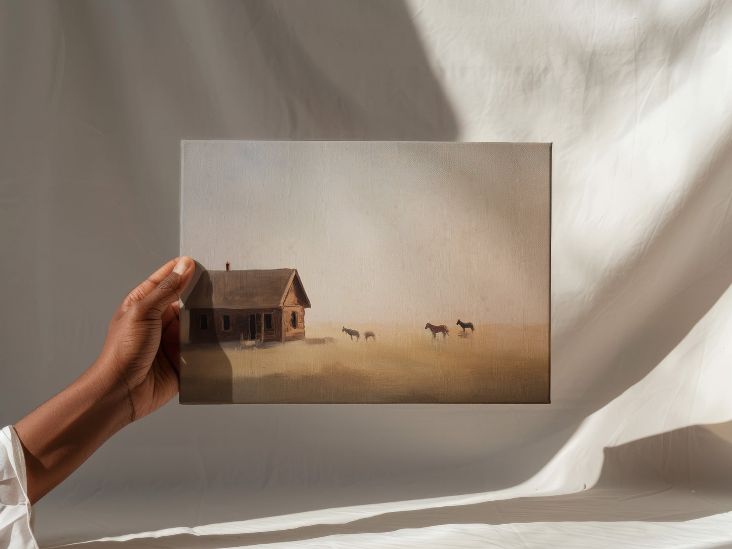 Rustic Landscape Canvas: Misty Pasture with Horses