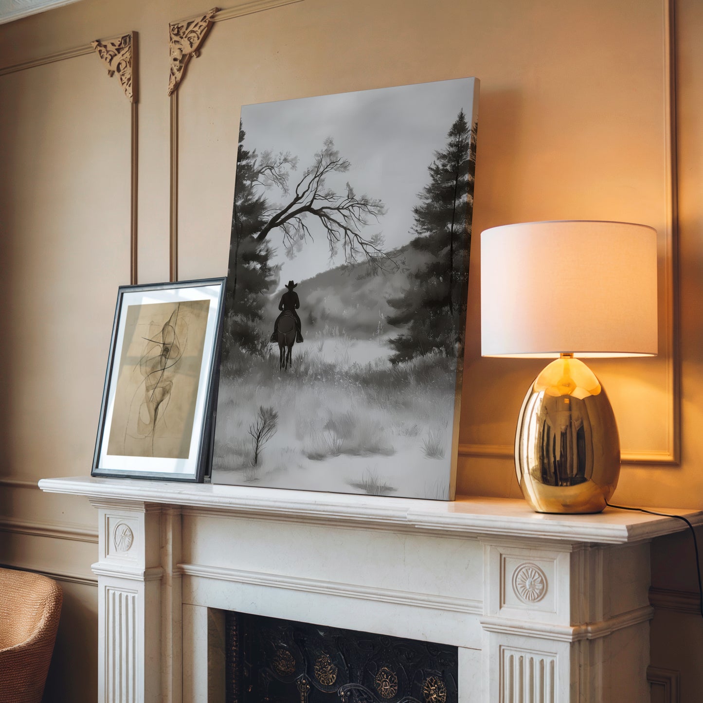 Monochrome Cowboy Landscape Vertical Canvas Art Print