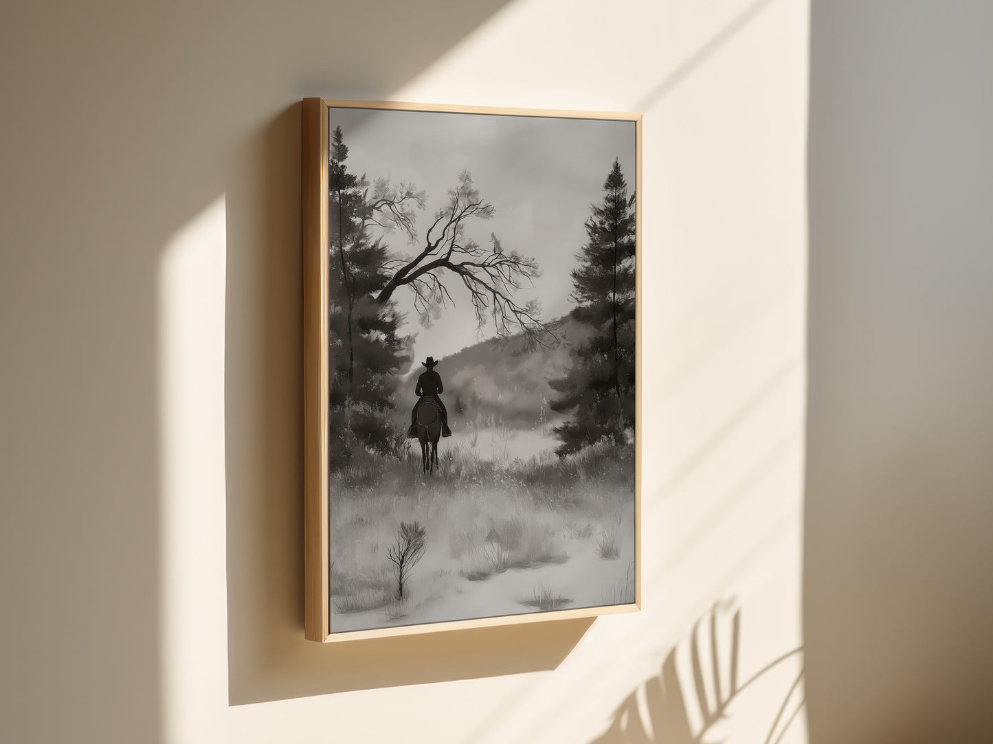 Monochrome Cowboy Landscape Vertical Canvas Art Print
