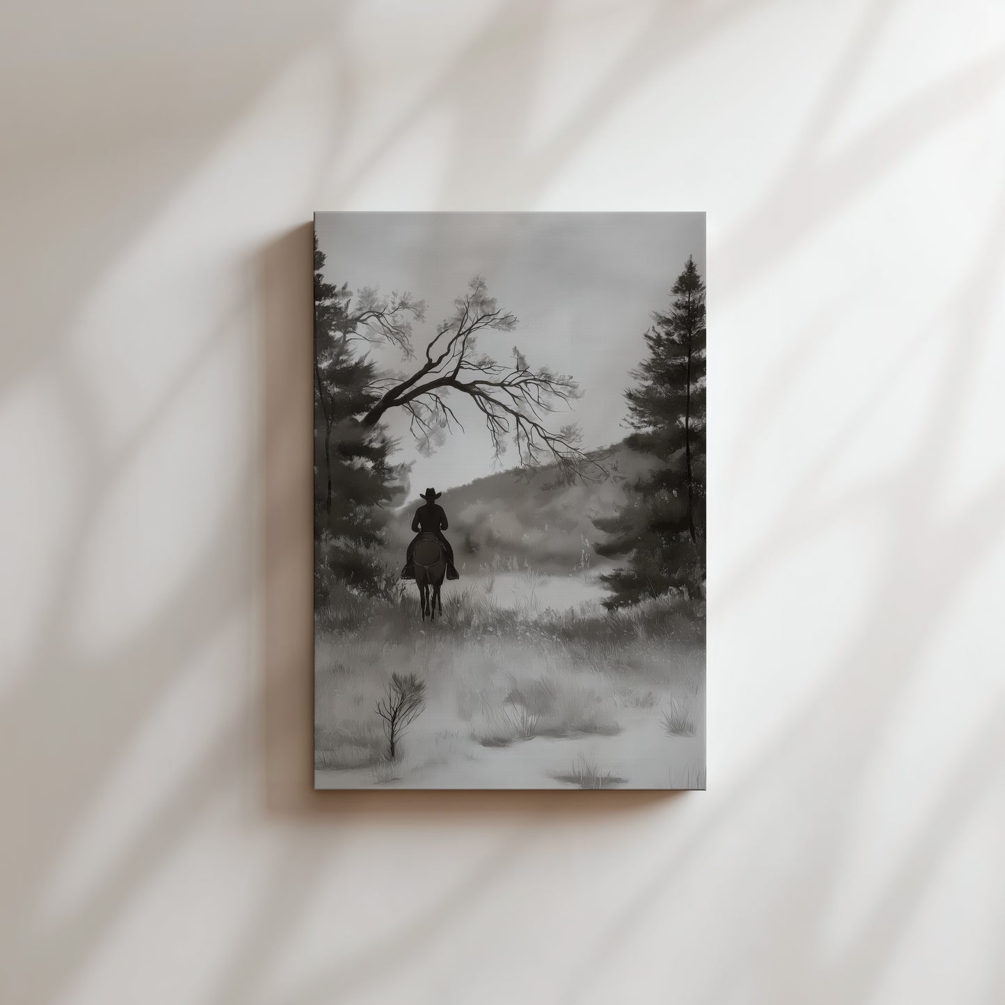 Monochrome Cowboy Landscape Vertical Canvas Art Print