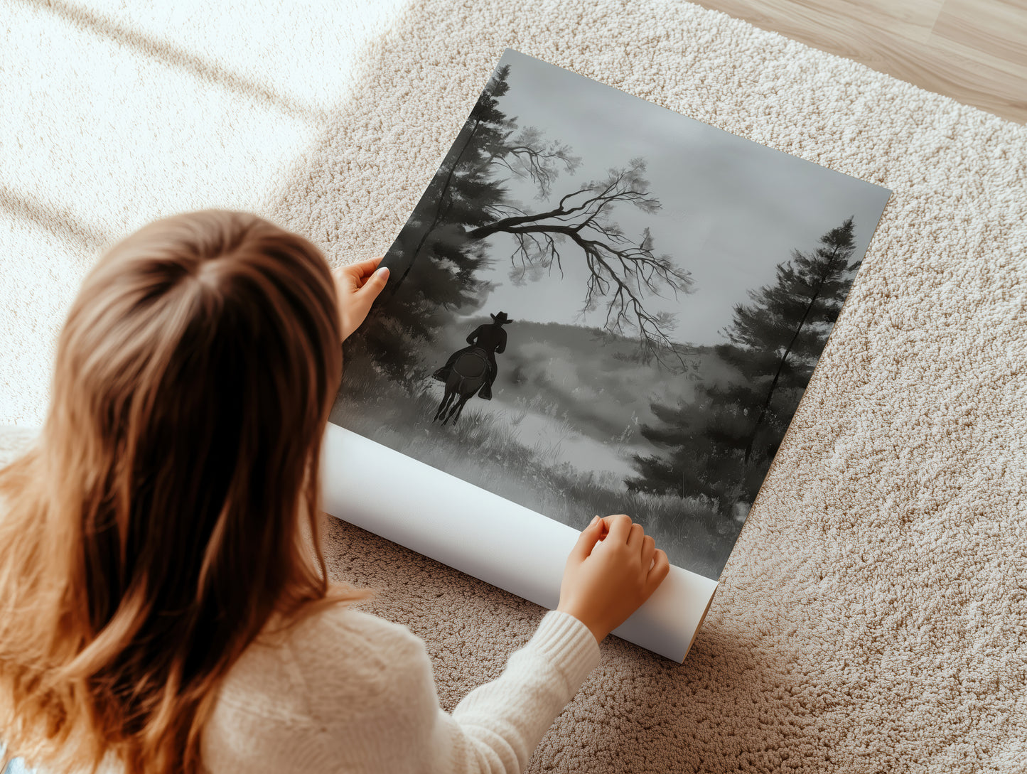 Monochrome Cowboy Landscape Vertical Canvas Art Print