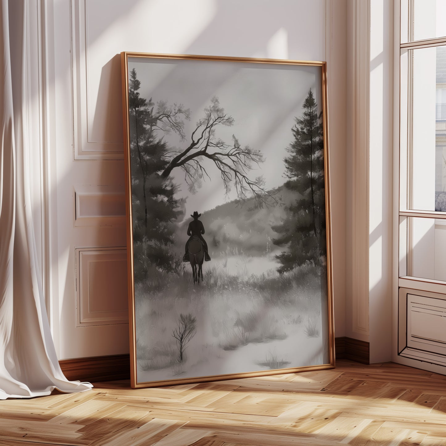 Monochrome Cowboy Landscape Vertical Canvas Art Print